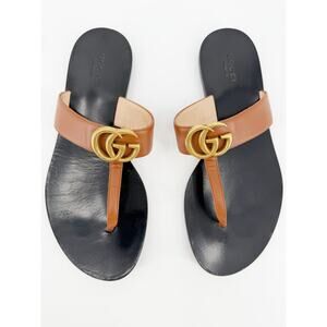 Gucci Sandals GG Flat Thong Marmont Logo Brown Leather Gold Black Slide 38